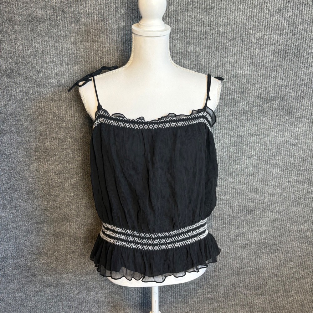 The Limited Black 100% Silk Smocked Camisole Tie Strap Ruffle Top Large